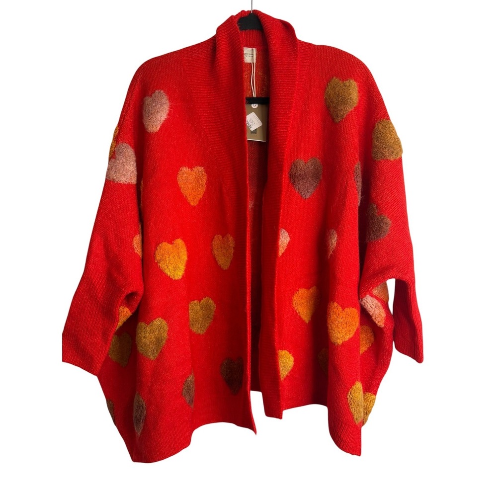 Look By M Sweet Love Cardigan Red Heart Fuzzy Oversized  Sweater NEW